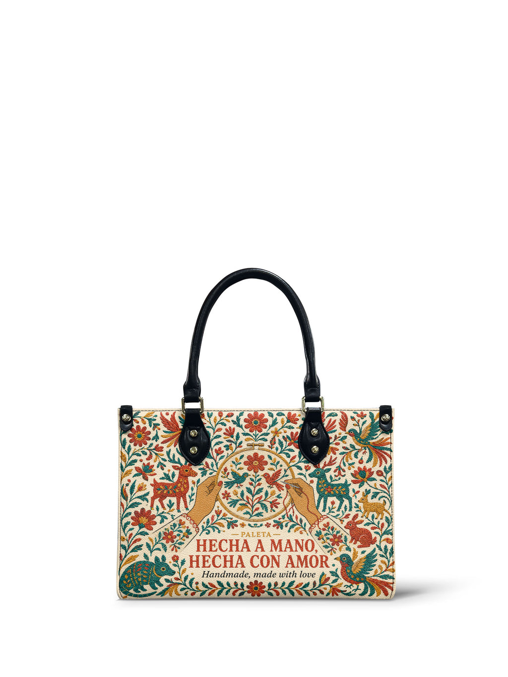 "Hecha a mano, hecha con amor" ver.1 Small Leather Handbag - Paleta Bags front view