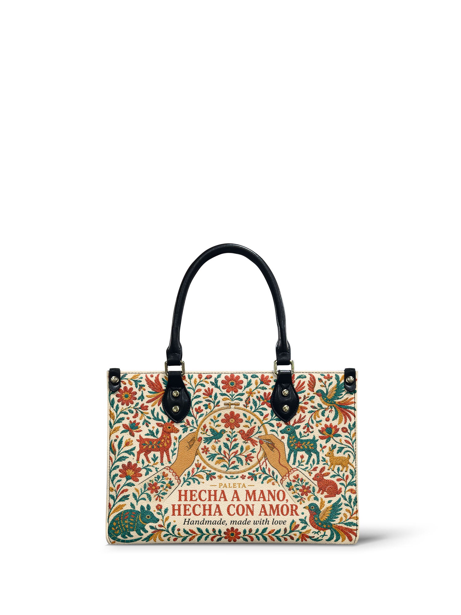 "Hecha a mano, hecha con amor" ver.1 Small Leather Handbag - Paleta Bags front view
