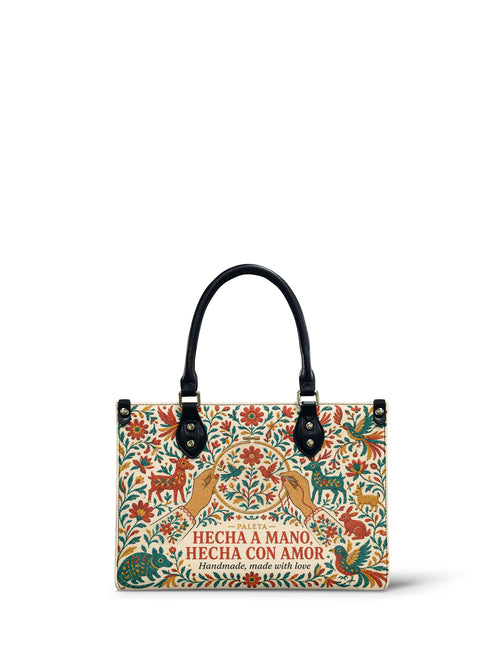"Hecha a mano, hecha con amor" ver.1 Small Leather Handbag - Paleta Bags front view