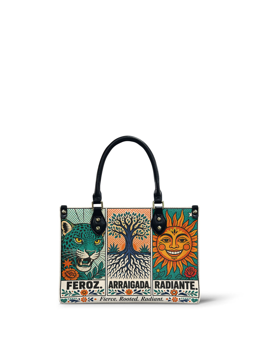 "Feroz. Arraigada. Radiante" ver.3 Small Leather Handbag