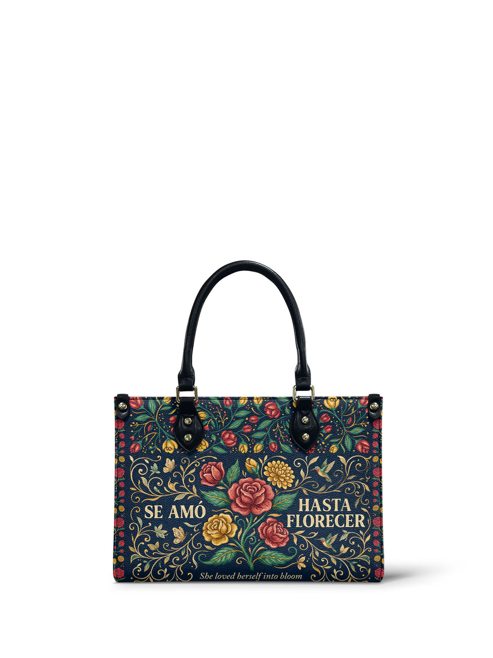 Navy small handbag covered in red and yellow roses with gold scrollwork, hummingbirds and butterflies moving between the blooms