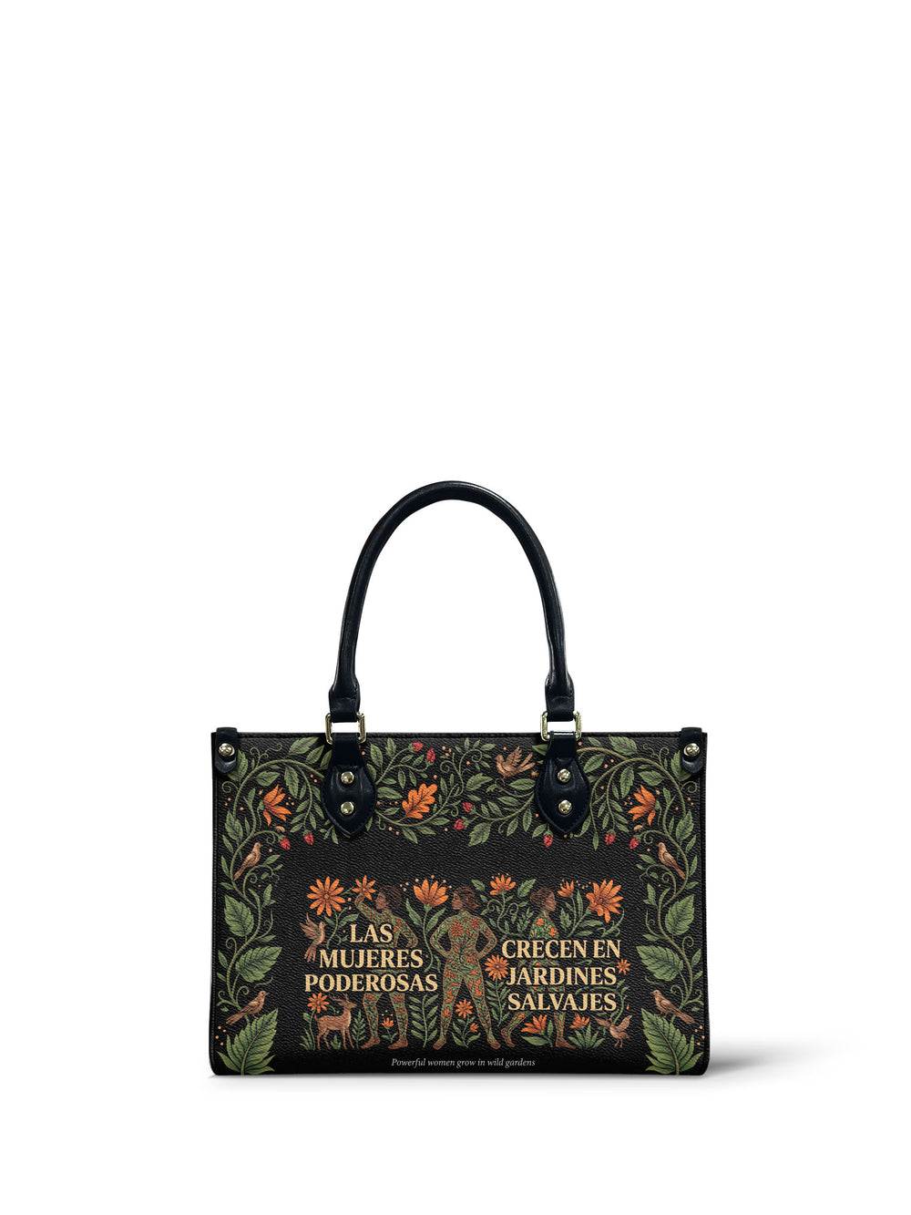 Black small handbag with three vine covered women among orange marigolds and coral blossoms, birds in the vines and a deer at the side