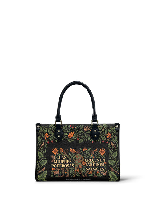 "Las mujeres poderosas crecen en jardines salvajes" ver.2 Small Leather Handbag - front view | Paleta Bags