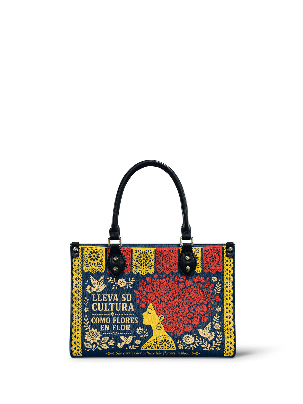 "Lleva su cultura como flores en flor" ver.2 Small Leather Handbag - front view | Paleta Bags