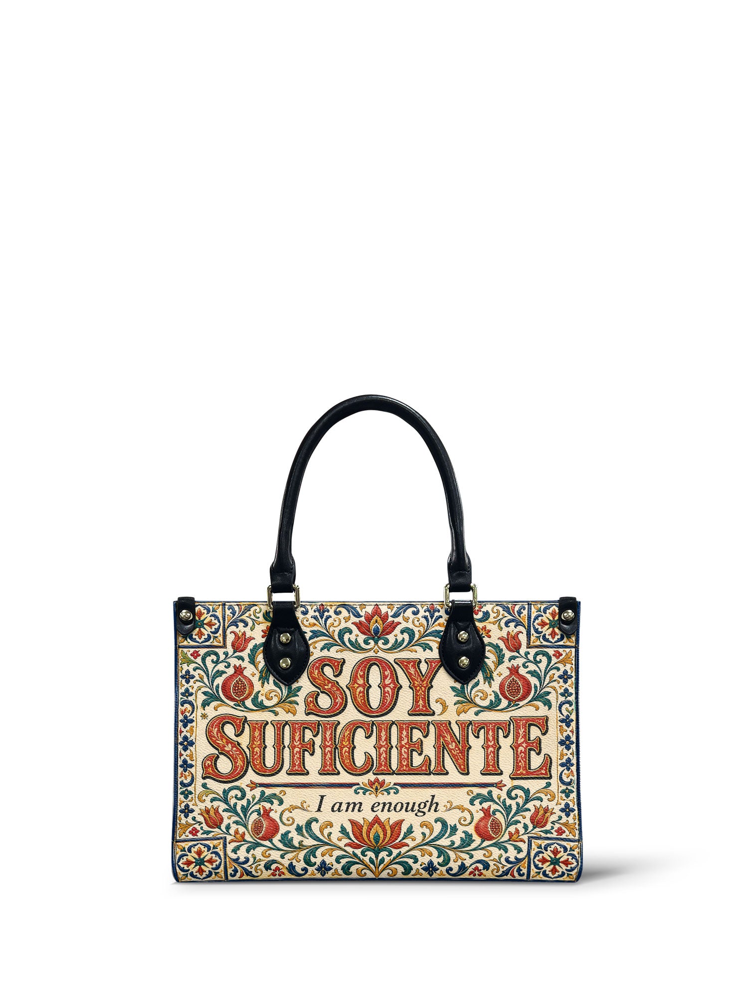 "Soy suficiente, tal y como soy" ver.1 Small Leather Handbag - front view | Paleta Bags