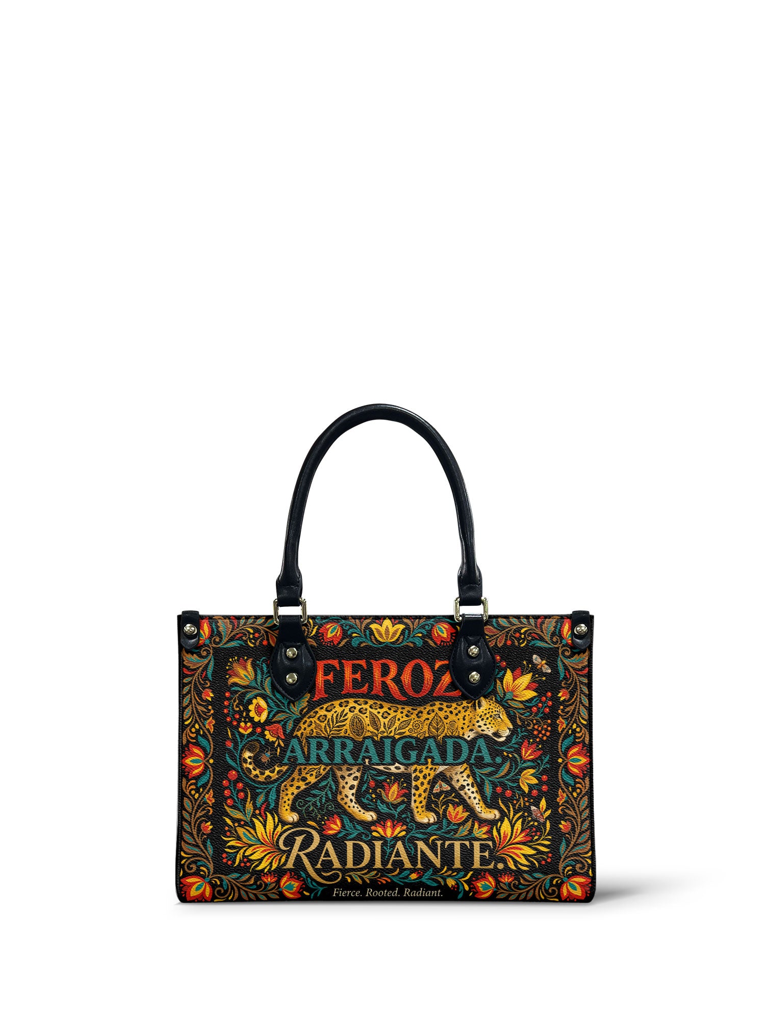 "Feroz. Arraigada. Radiante" ver.5 Small Leather Handbag - front view | Paleta Bags