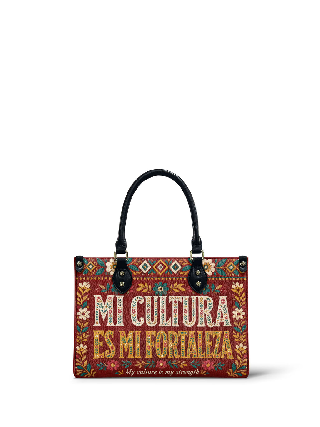 "Mi cultura es mi fortaleza" ver.6 Small Leather Handbag - front view | Paleta Bags