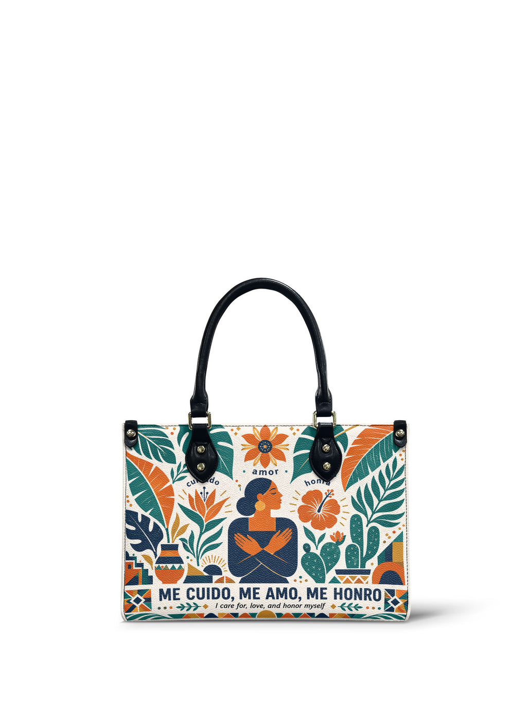 "Me cuido, me amo, me honro" ver.4 Small Leather Handbag - front view | Paleta Bags