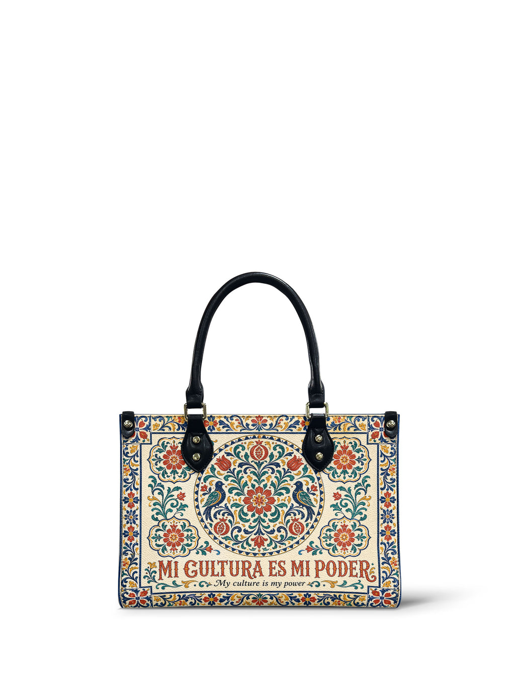 "Mi cultura es mi poder" ver.3 Small Leather Handbag - front view | Paleta Bags