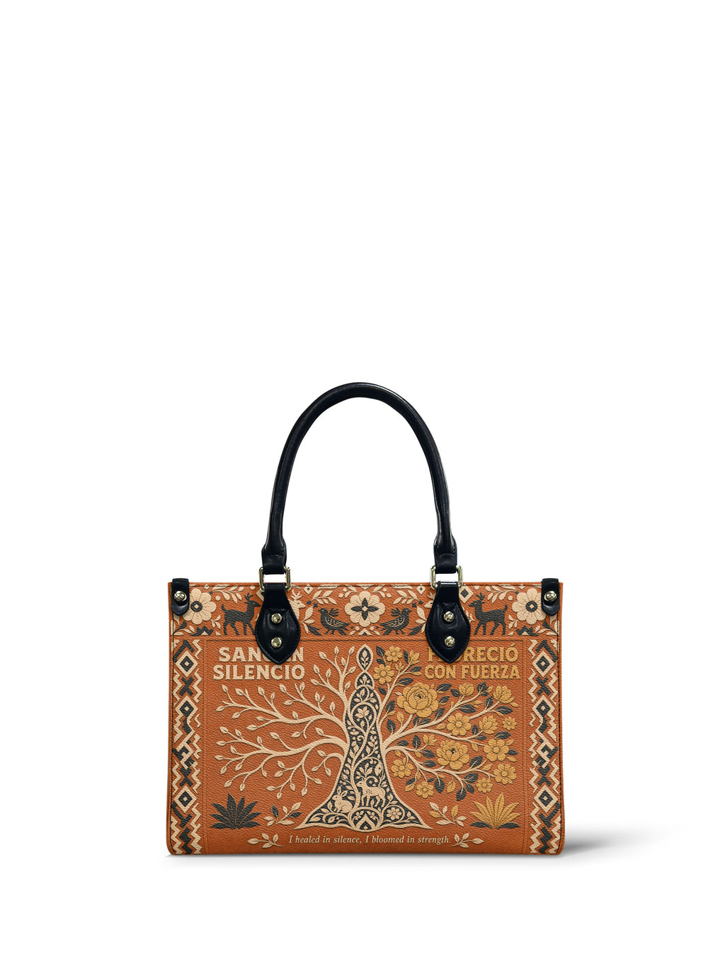 "Sanó en silencio, floreció con fuerza" ver.4 Small Leather Handbag - front view | Paleta Bags