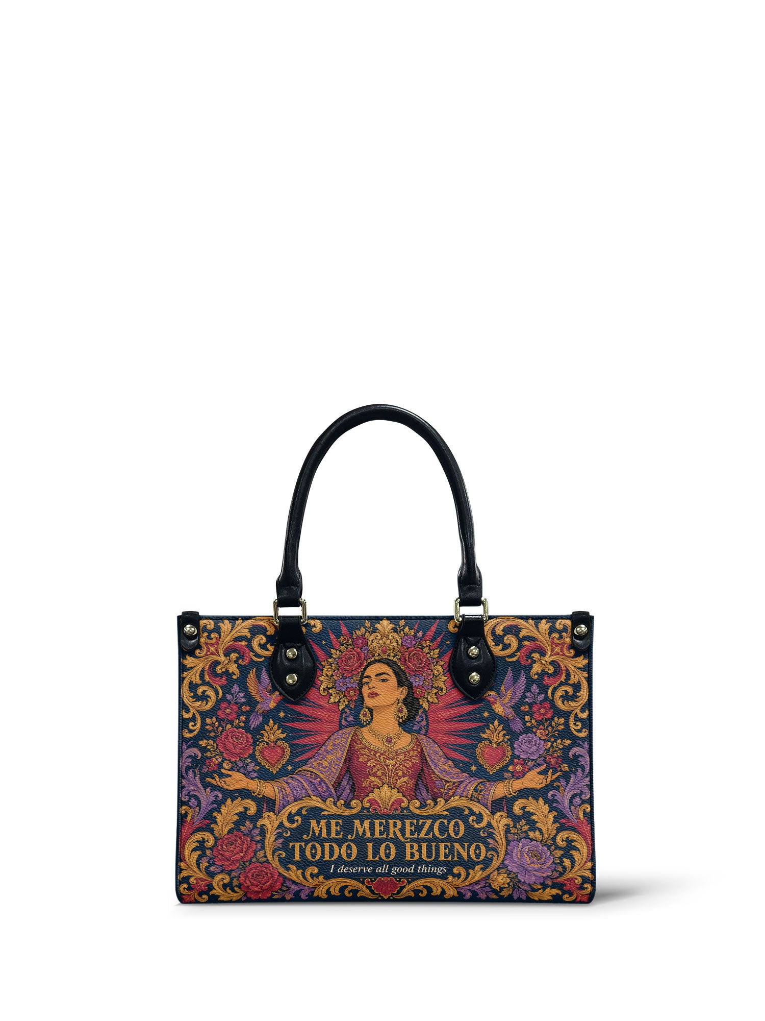 "Me merezco todo lo bueno" ver.2 Small Leather Handbag - front view | Paleta Bags