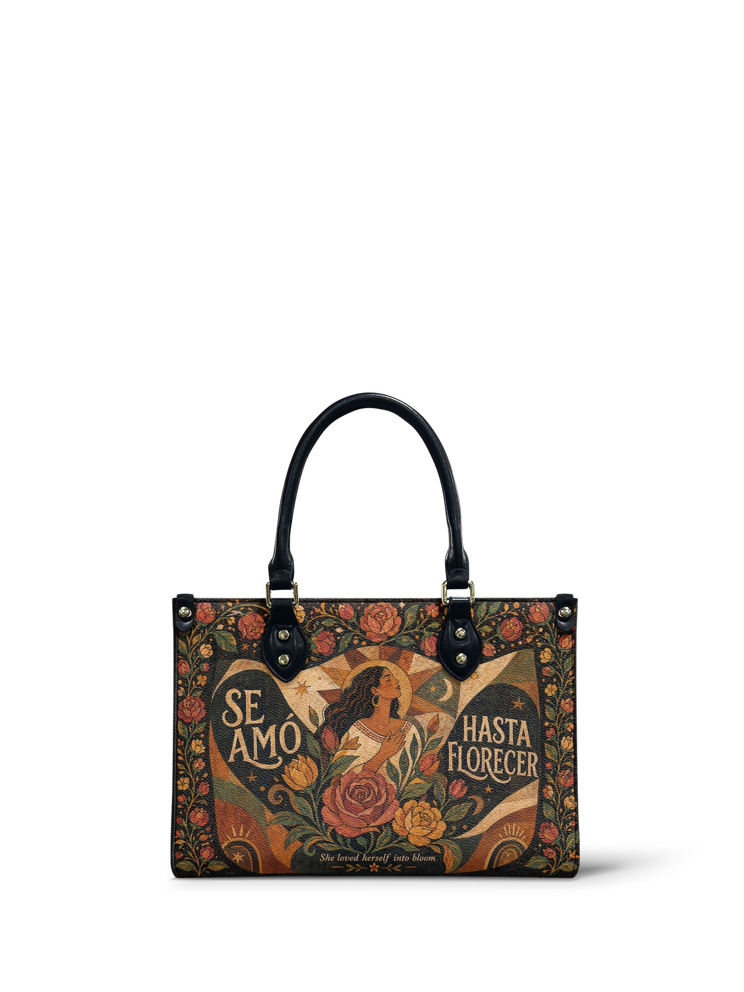 "Se amó hasta florecer" ver.2 Small Leather Handbag - front view | Paleta Bags