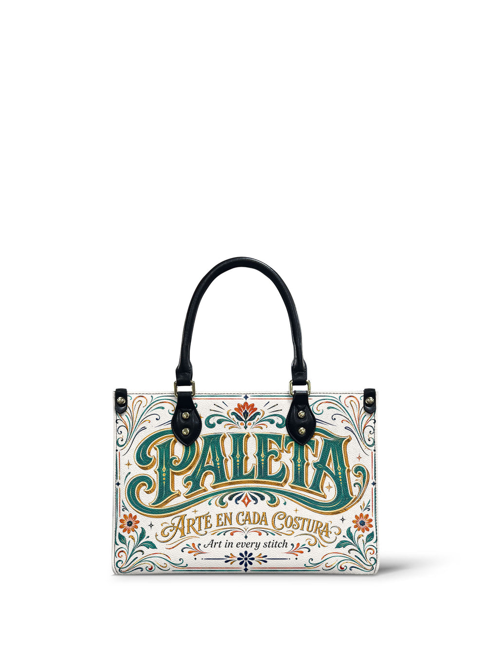 Cream small handbag with Paleta in tall teal capitals outlined in gold, coral and teal flourishes above and below