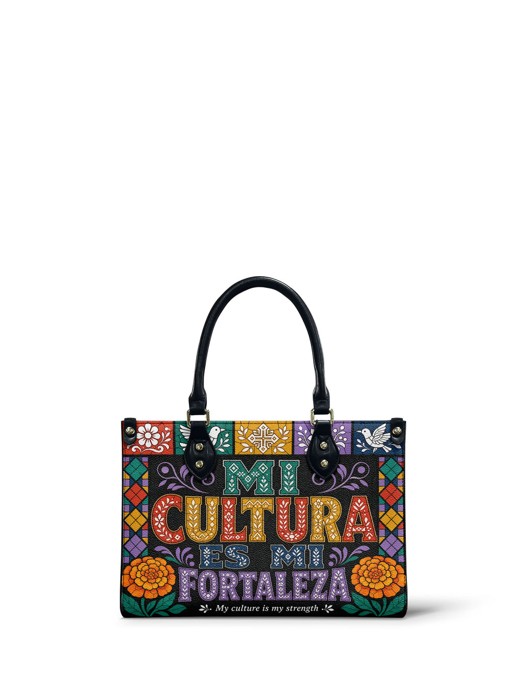 "Mi cultura es mi fortaleza" ver.4 Small Leather Handbag - front view | Paleta Bags