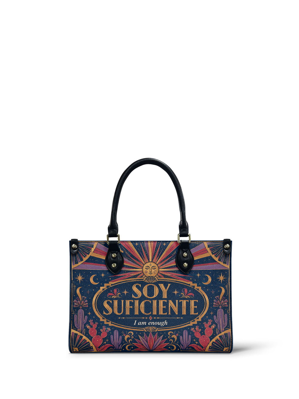 Navy small handbag with gold lettering inside a bordered oval, a rayed sun face above and pink and gold cacti in the bottom corners