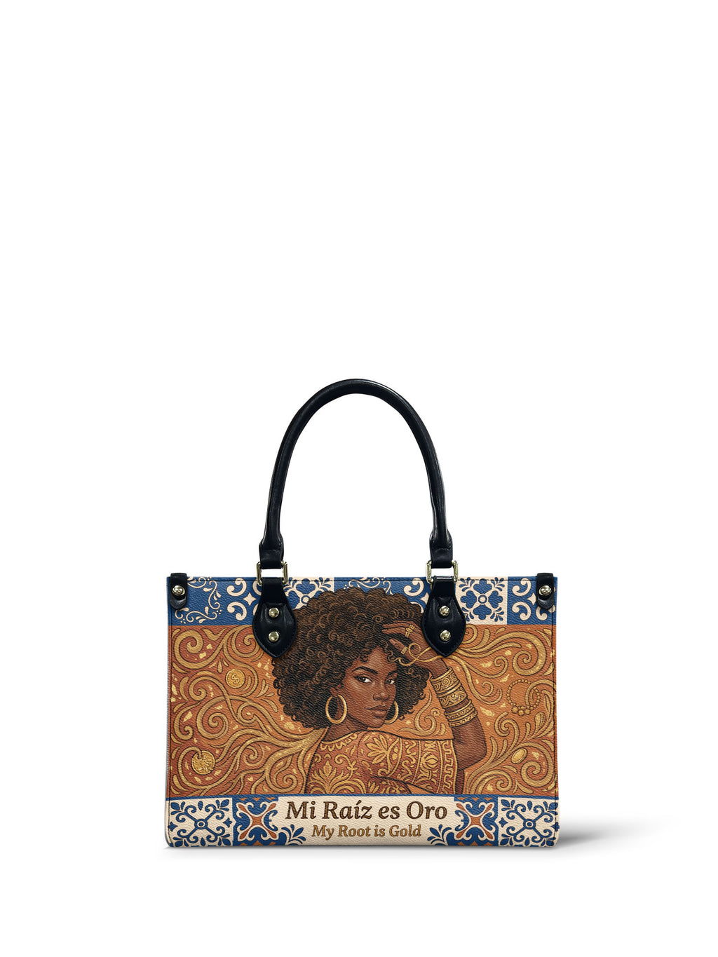 "Mi Raíz es Oro" ver.1 Small Leather Handbag - front view | Paleta Bags