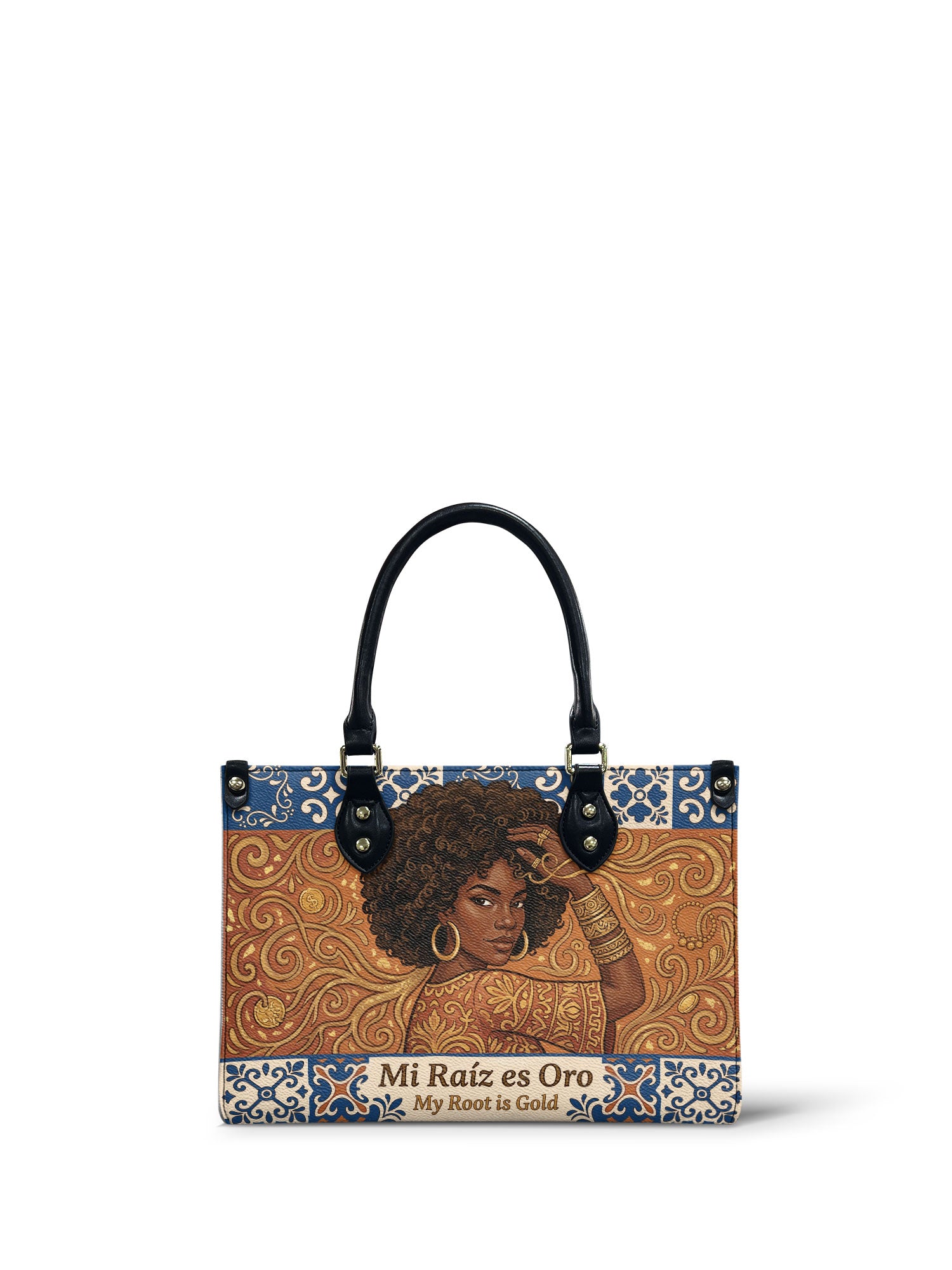 "Mi Raíz es Oro" ver.1 Small Leather Handbag - front view | Paleta Bags