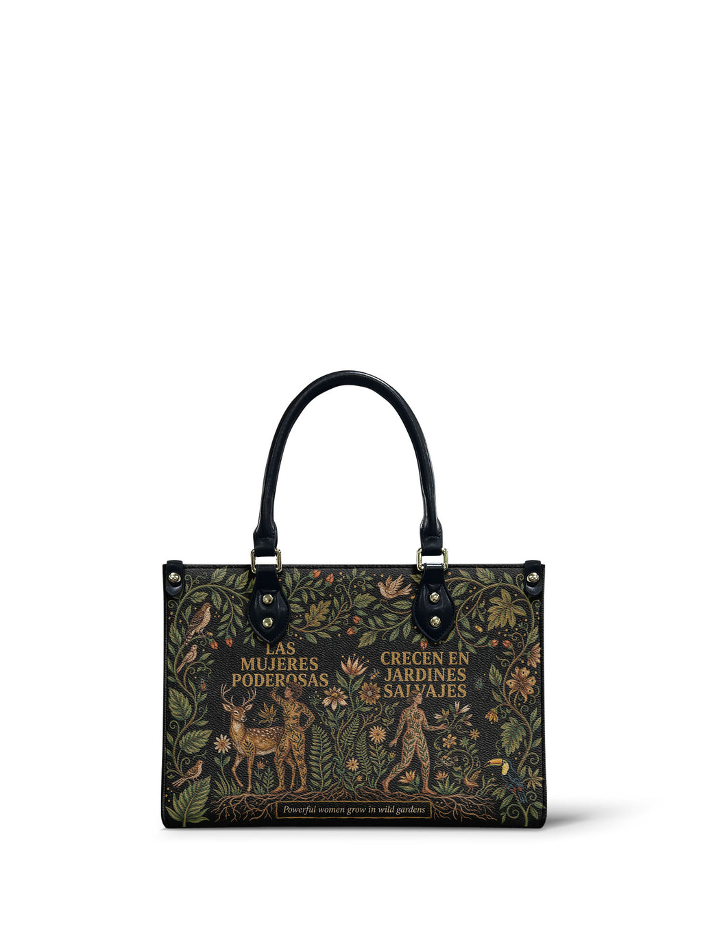 "Las mujeres poderosas crecen en jardines salvajes" ver.3 Small Leather Handbag - front view | Paleta Bags