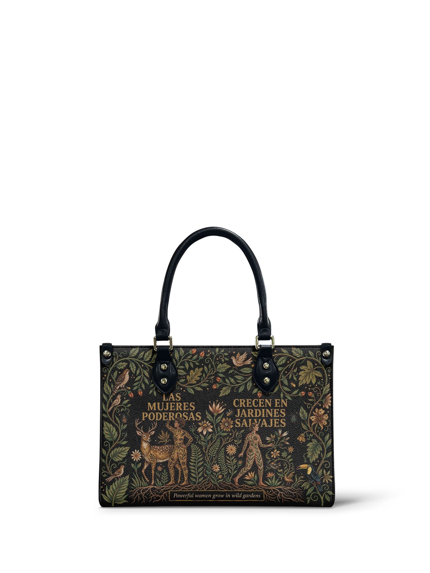 "Las mujeres poderosas crecen en jardines salvajes" ver.3 Small Leather Handbag - front view | Paleta Bags