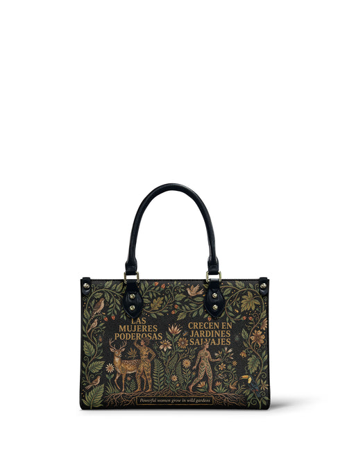 "Las mujeres poderosas crecen en jardines salvajes" ver.3 Small Leather Handbag - front view | Paleta Bags