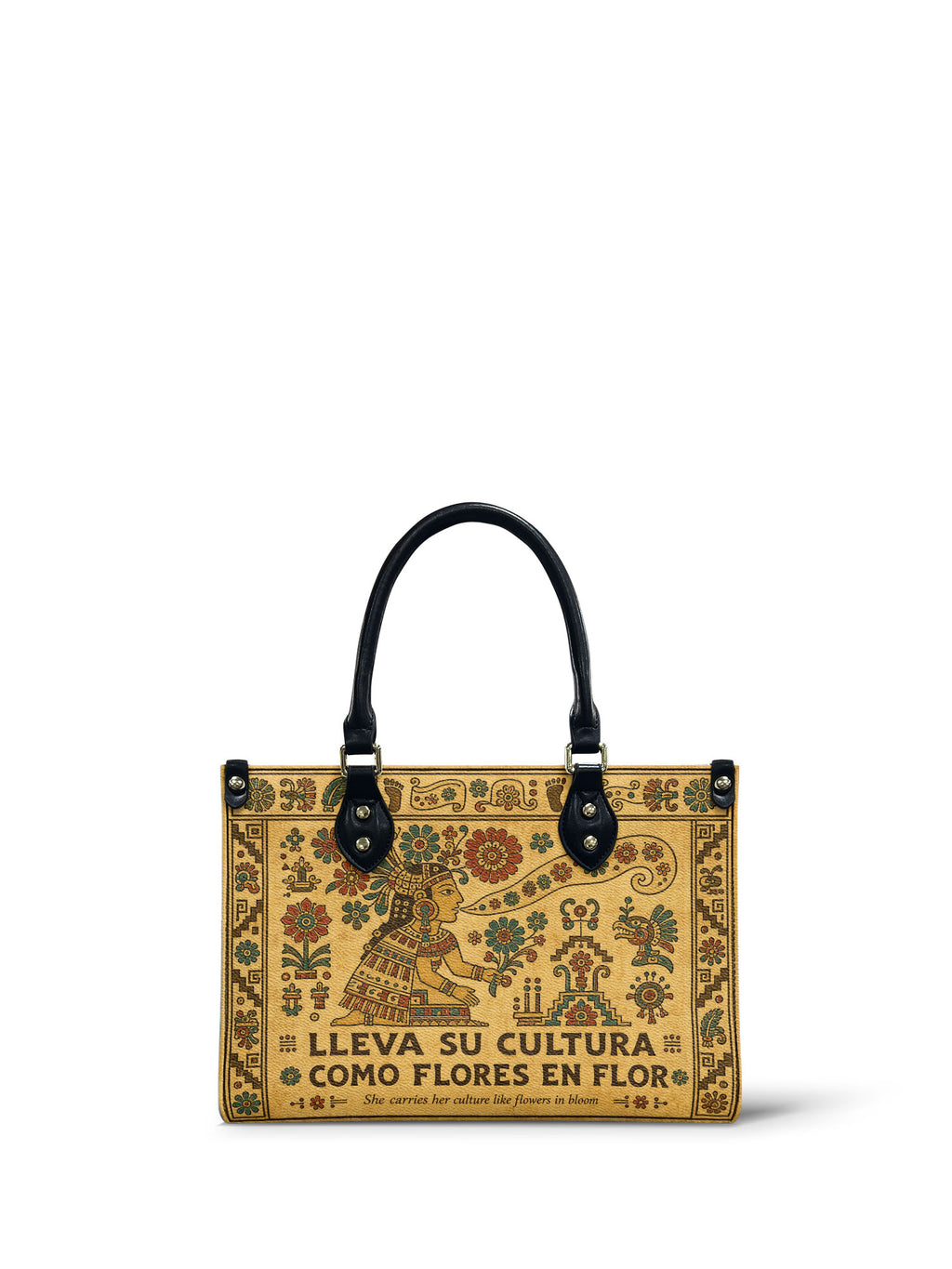 "Lleva su cultura como flores en flor" ver.5 Small Leather Handbag - front view | Paleta Bags