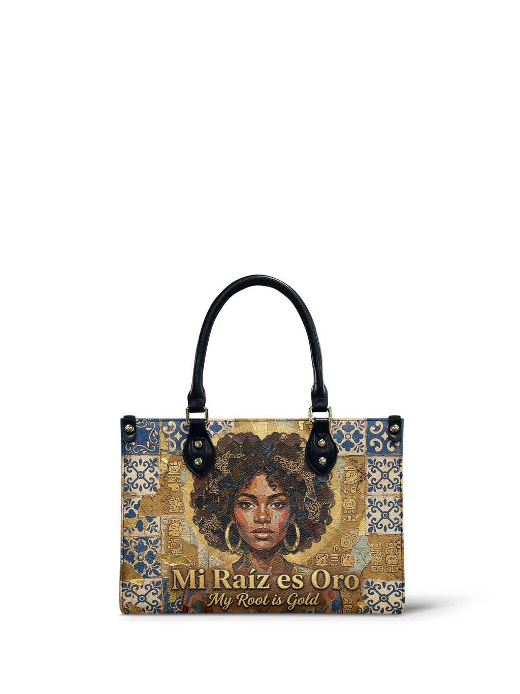 "Mi Raíz es Oro" ver.3 Small Leather Handbag - front view | Paleta Bags