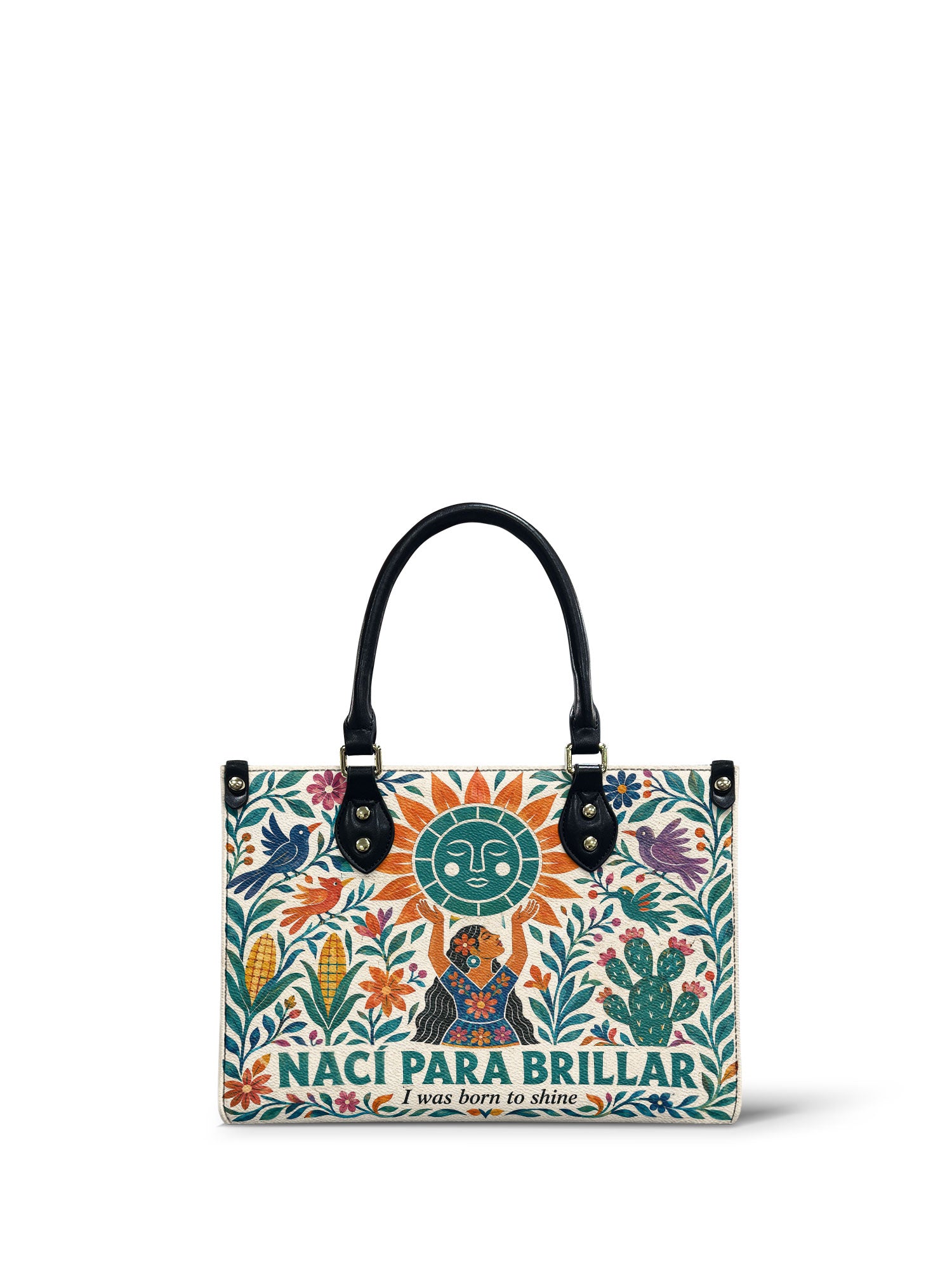 "Nací para brillar" ver.2 Small Leather Handbag - front view | Paleta Bags