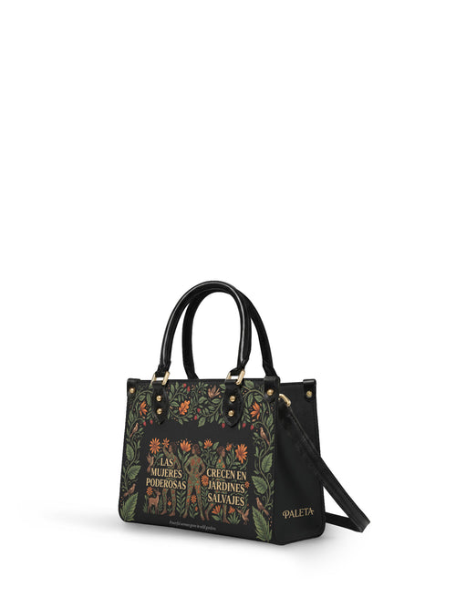 "Las mujeres poderosas crecen en jardines salvajes" ver.2 Small Leather Handbag - side view | Paleta Bags