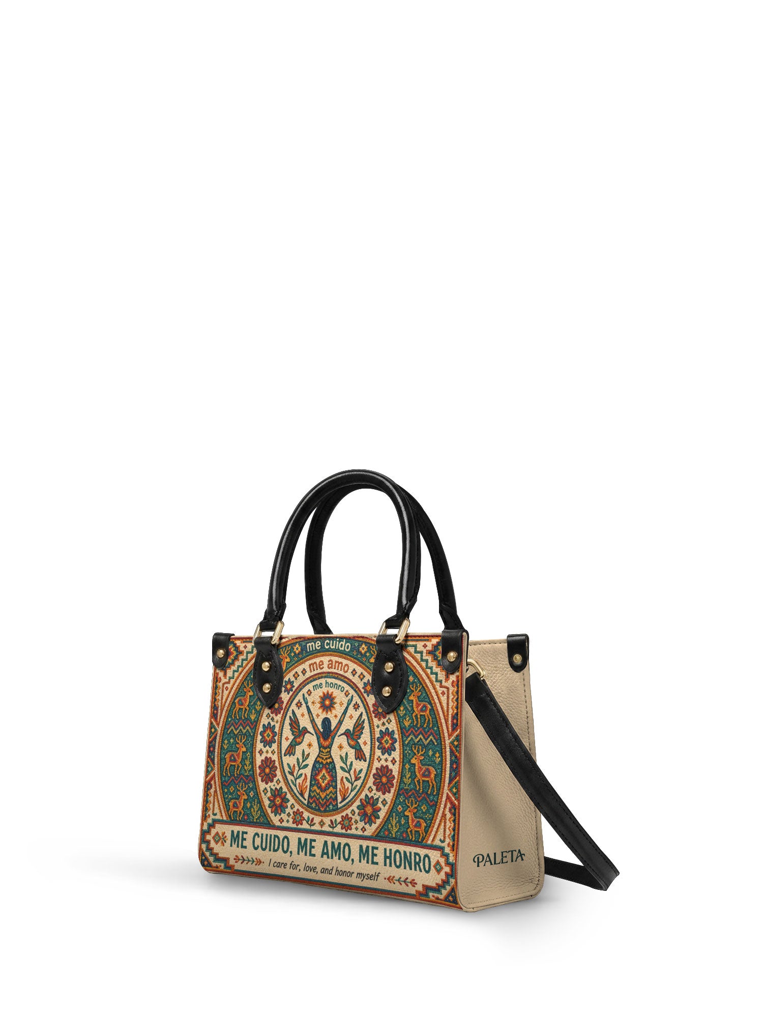 "Me cuido, me amo, me honro" ver.1 Small Leather Handbag - side view | Paleta Bags