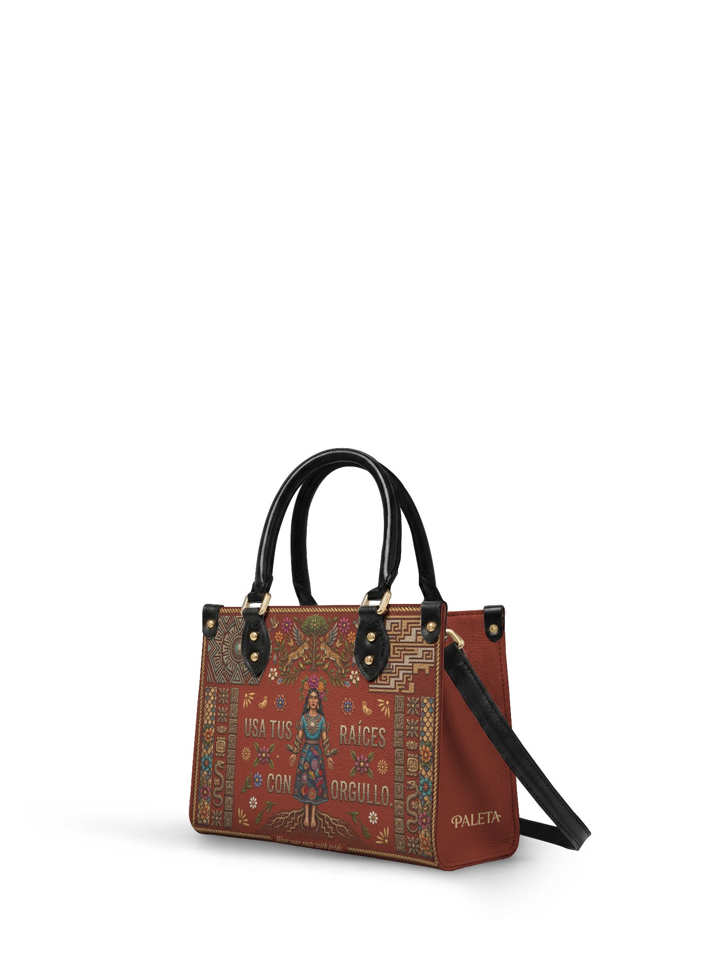 "Usa tus raíces con orgullo" ver.2 Small Leather Handbag - side view | Paleta Bags
