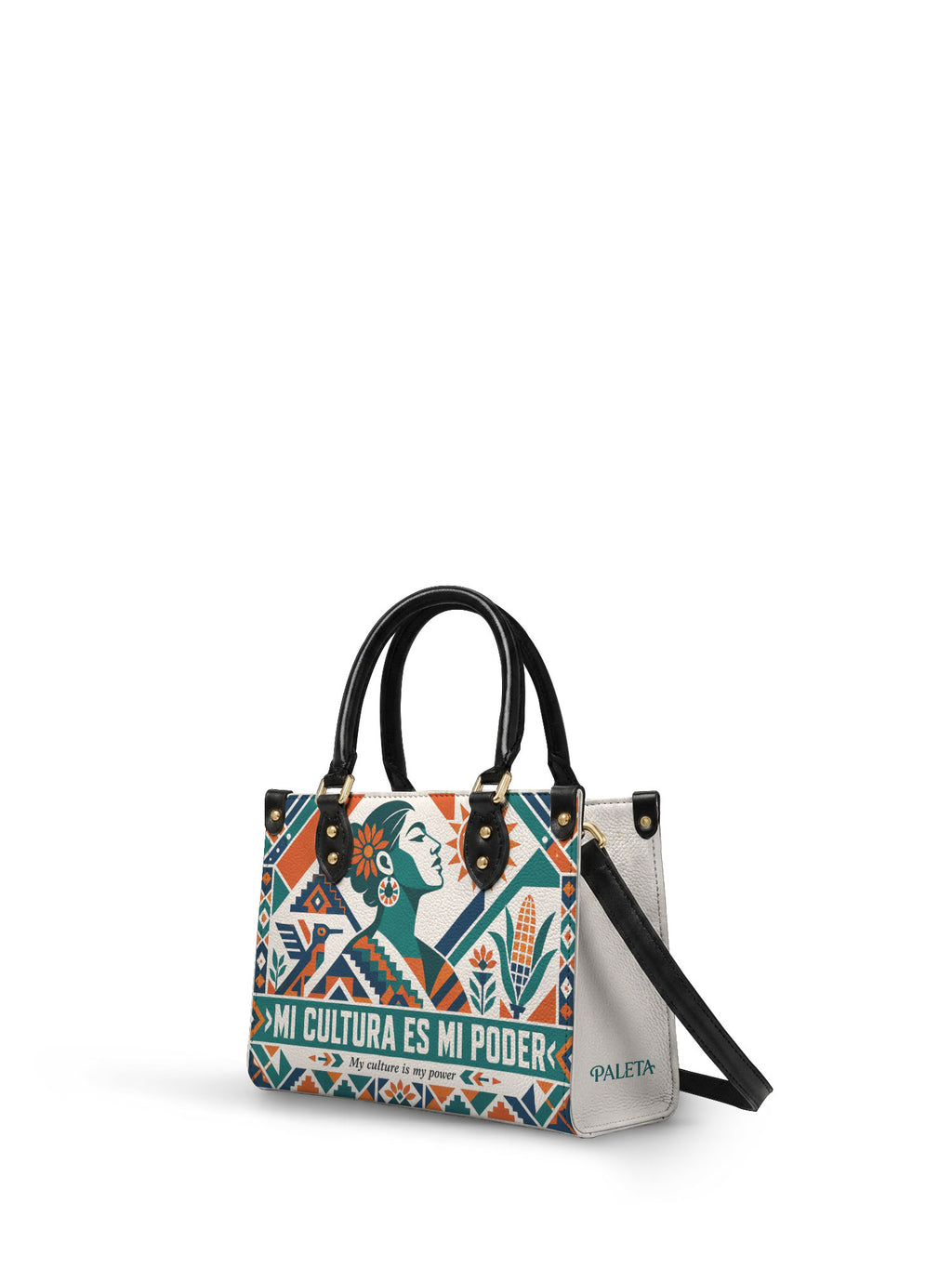 "Mi cultura es mi poder" ver.4 Small Leather Handbag - side view | Paleta Bags