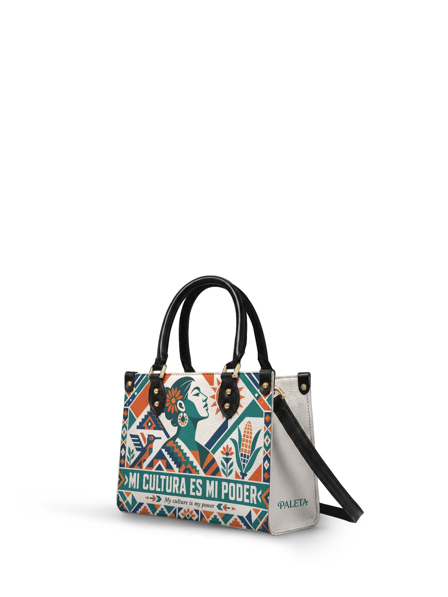 "Mi cultura es mi poder" ver.4 Small Leather Handbag - side view | Paleta Bags