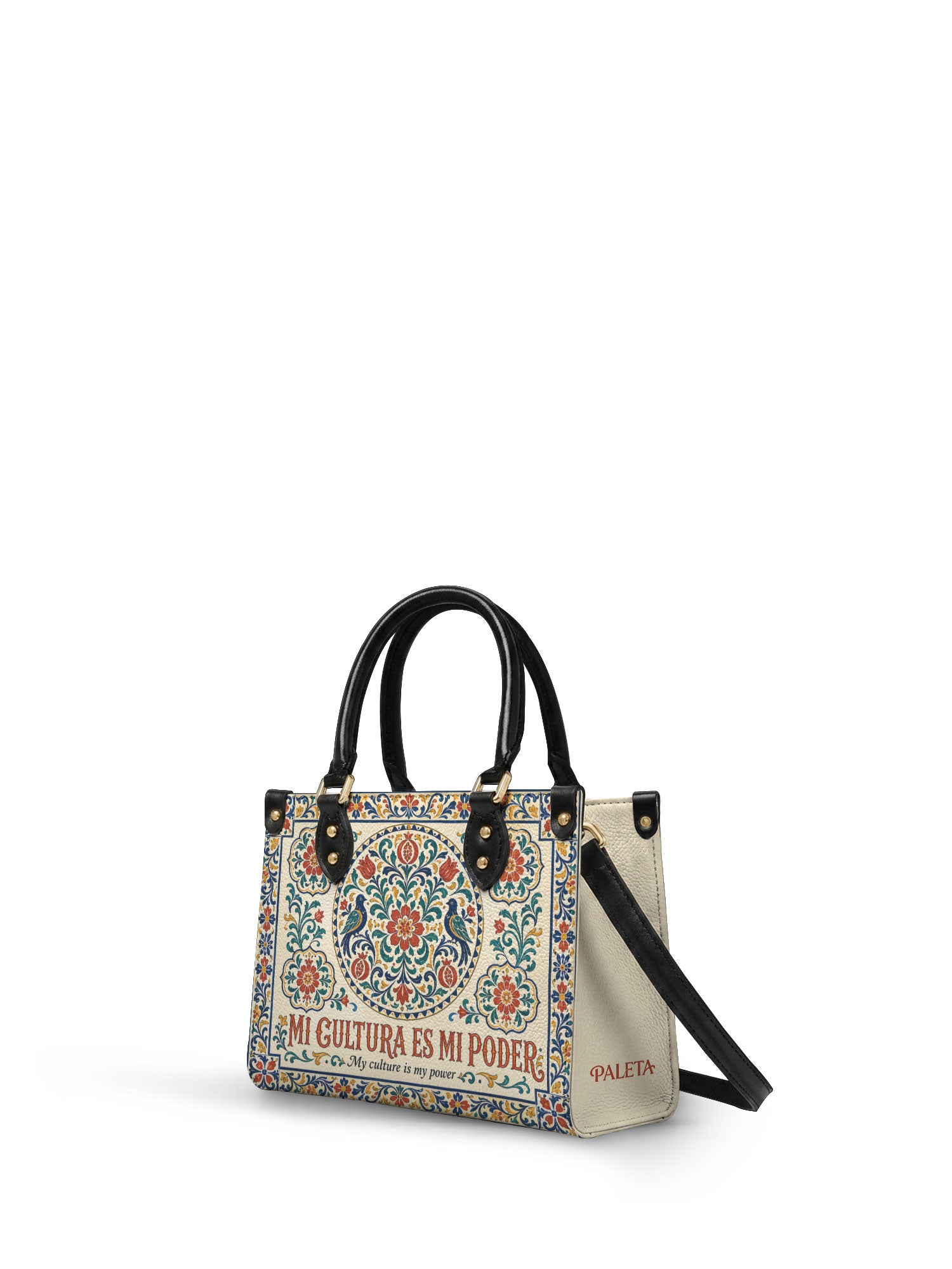 "Mi cultura es mi poder" ver.3 Small Leather Handbag - side view | Paleta Bags