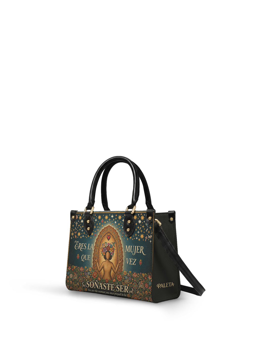 "Eres la mujer que alguna vez soñaste ser" ver.4 Small Leather Handbag - side view | Paleta Bags