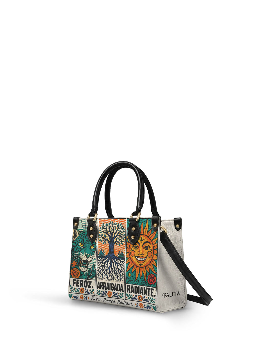 "Feroz. Arraigada. Radiante" ver.3 Small Leather Handbag - side view | Paleta Bags