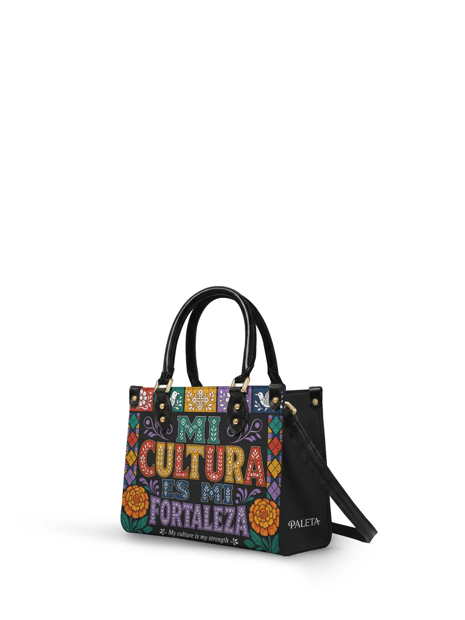"Mi cultura es mi fortaleza" ver.4 Small Leather Handbag - side view | Paleta Bags