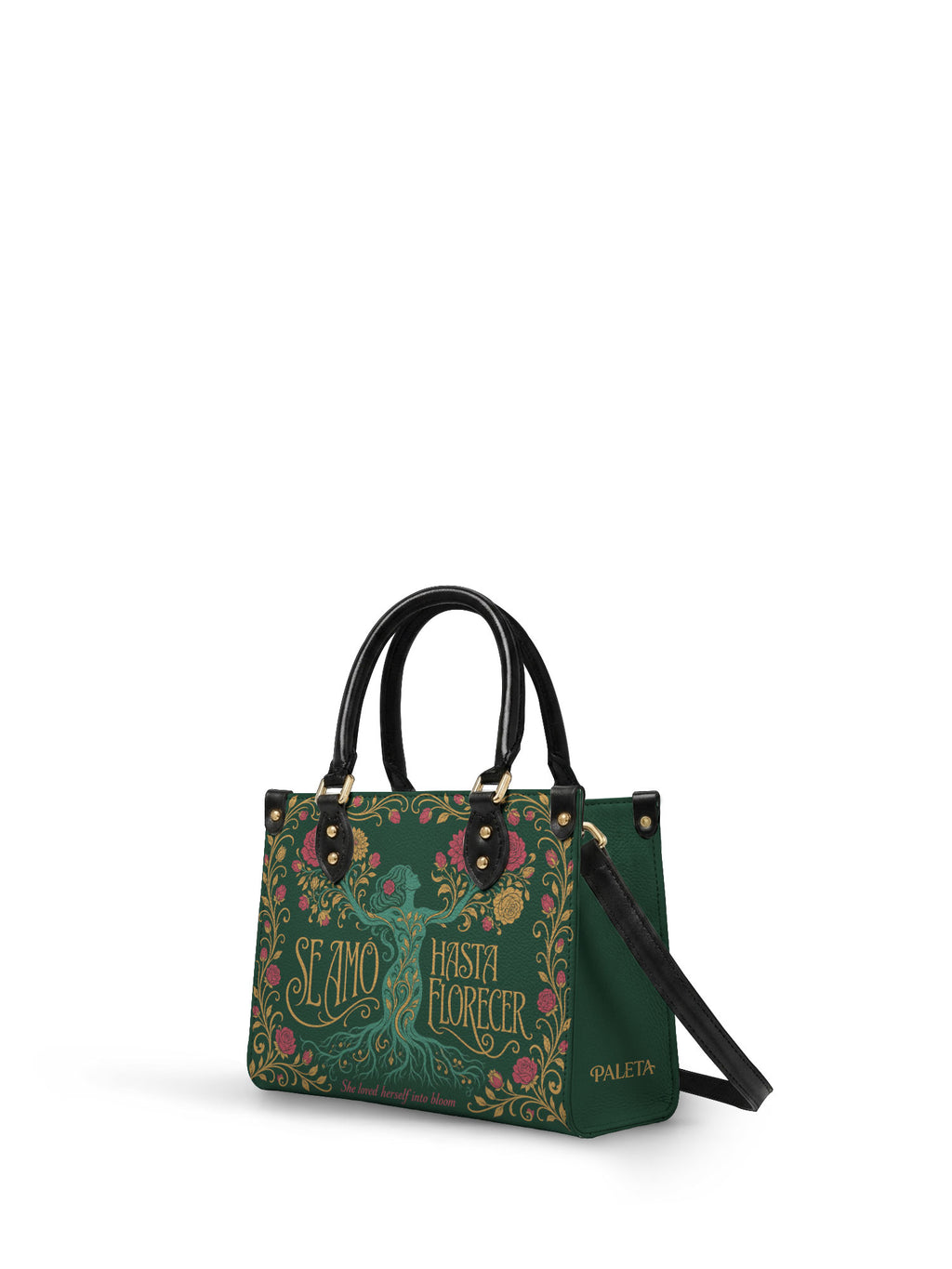 "Se amó hasta florecer" ver.3 Small Leather Handbag - side view | Paleta Bags