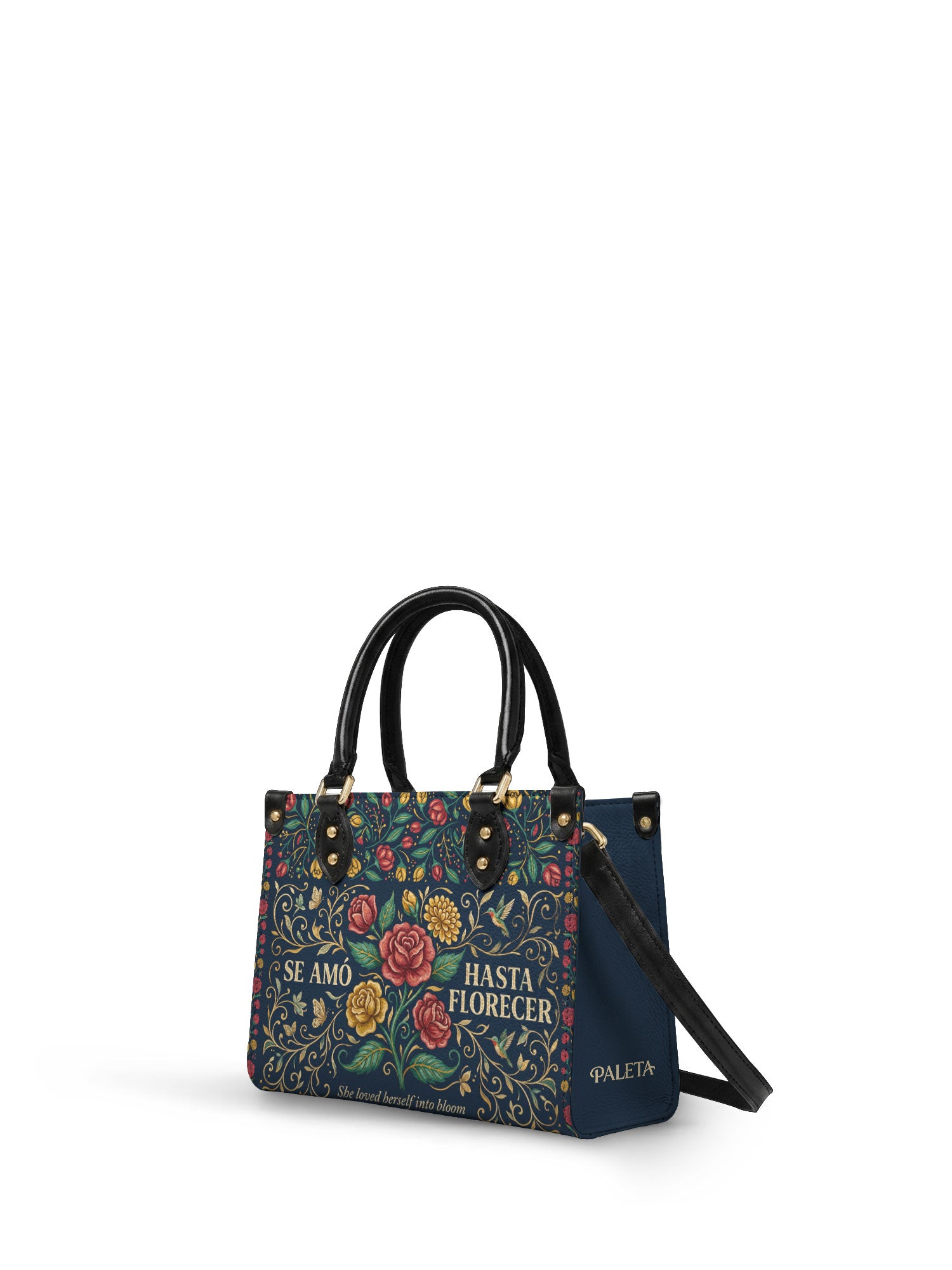 "Se amó hasta florecer" ver.6 Small Leather Handbag - side view | Paleta Bags