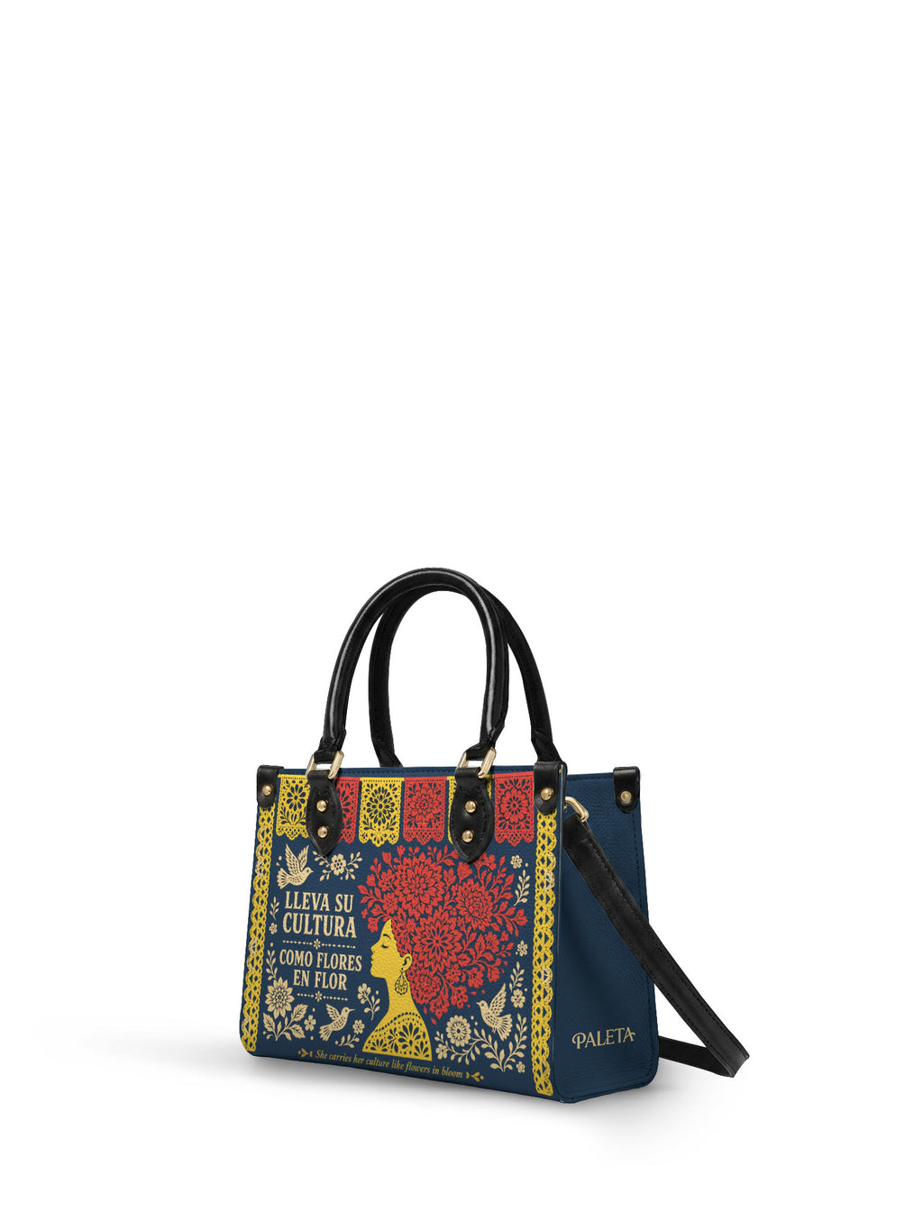 "Lleva su cultura como flores en flor" ver.2 Small Leather Handbag - side view | Paleta Bags