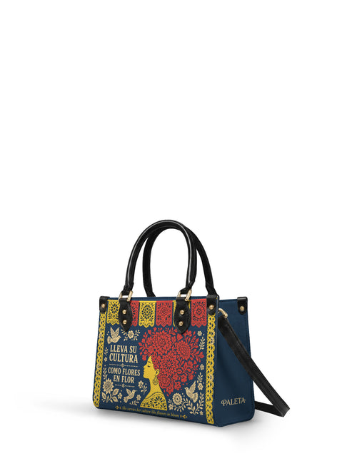 "Lleva su cultura como flores en flor" ver.2 Small Leather Handbag - side view | Paleta Bags