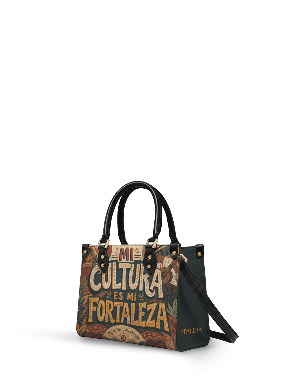 "Mi cultura es mi fortaleza" ver.1 Small Leather Handbag - front view | Paleta Bags