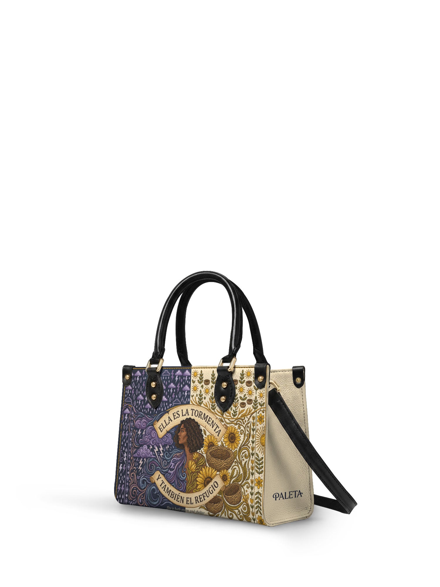 "Ella es la tormenta y también el refugio" ver.2 Small Leather Handbag - side view | Paleta Bags