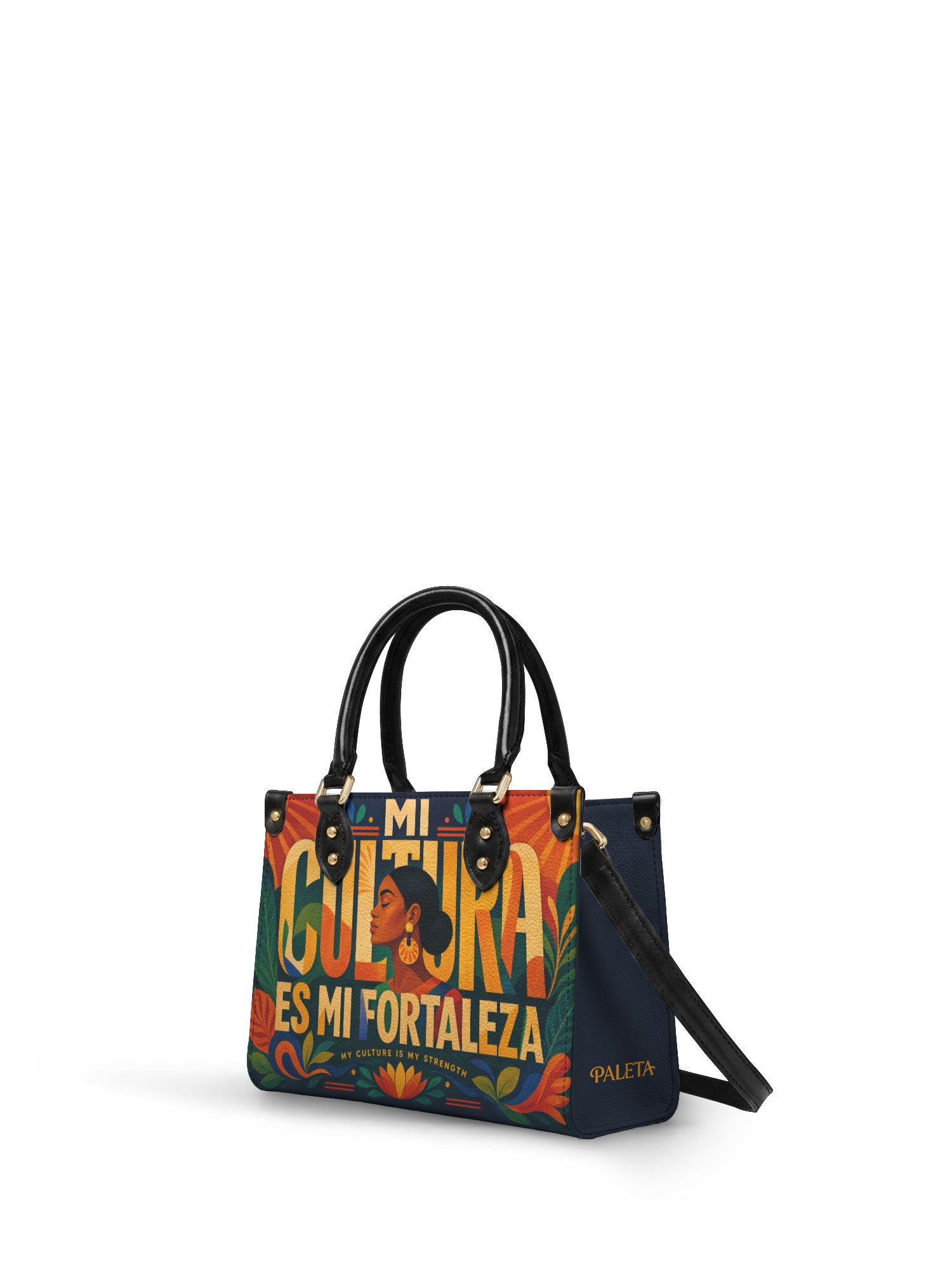 "Mi cultura es mi fortaleza" ver.2 Small Leather Handbag - side view | Paleta Bags