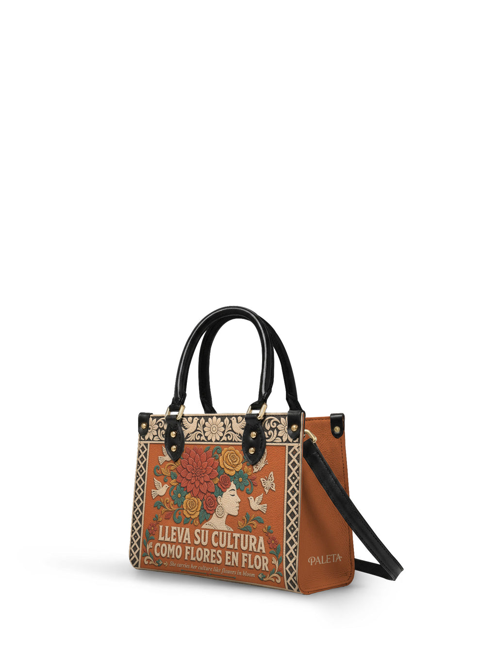 "Lleva su cultura como flores en flor" ver.3 Small Leather Handbag - side view | Paleta Bags