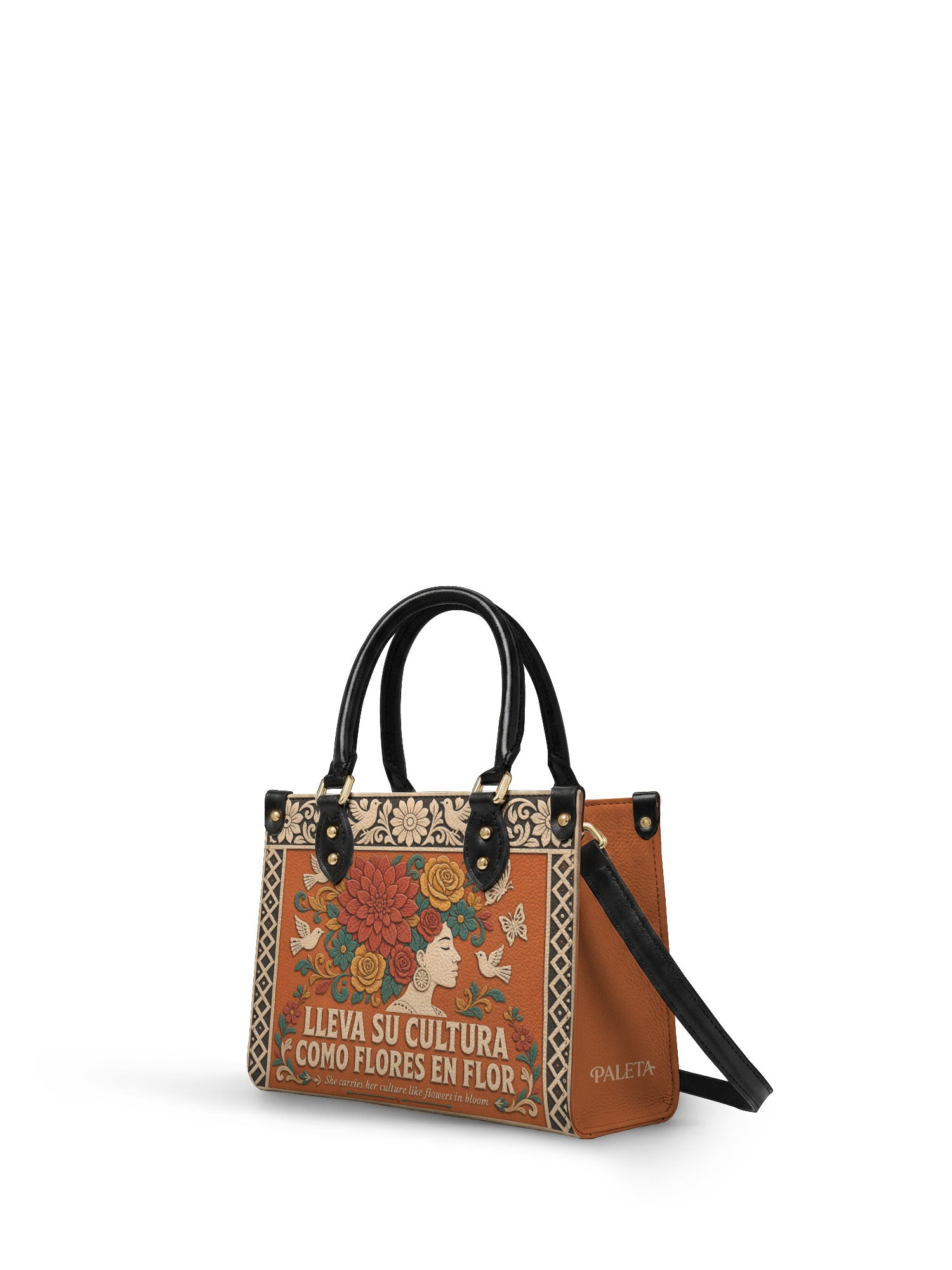 "Lleva su cultura como flores en flor" ver.3 Small Leather Handbag - side view | Paleta Bags
