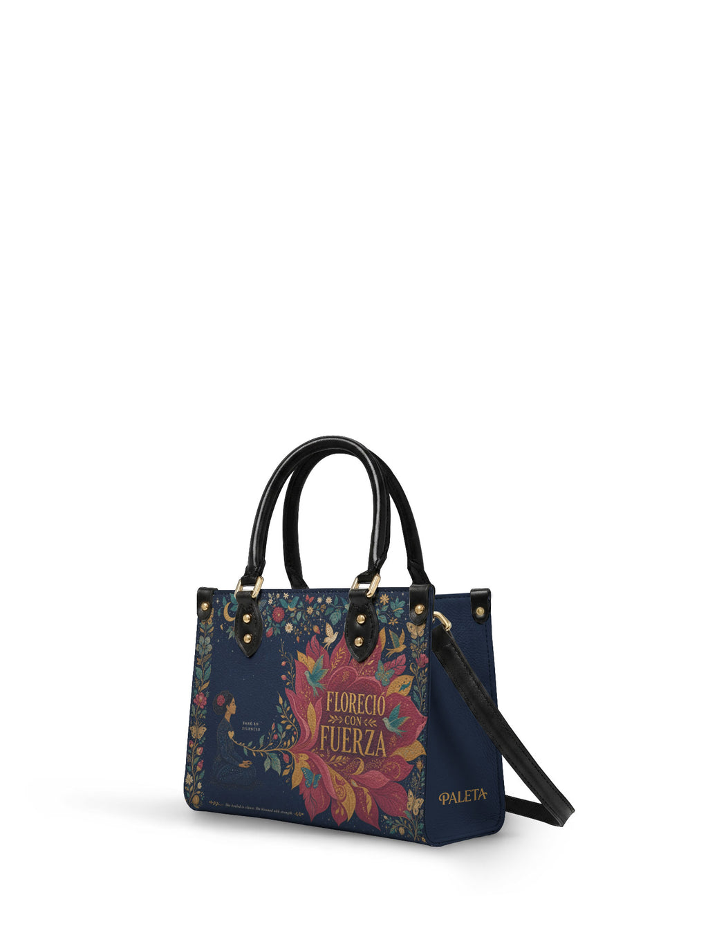 "Sanó en silencio, floreció con fuerza" ver.2 Small Leather Handbag - side view | Paleta Bags