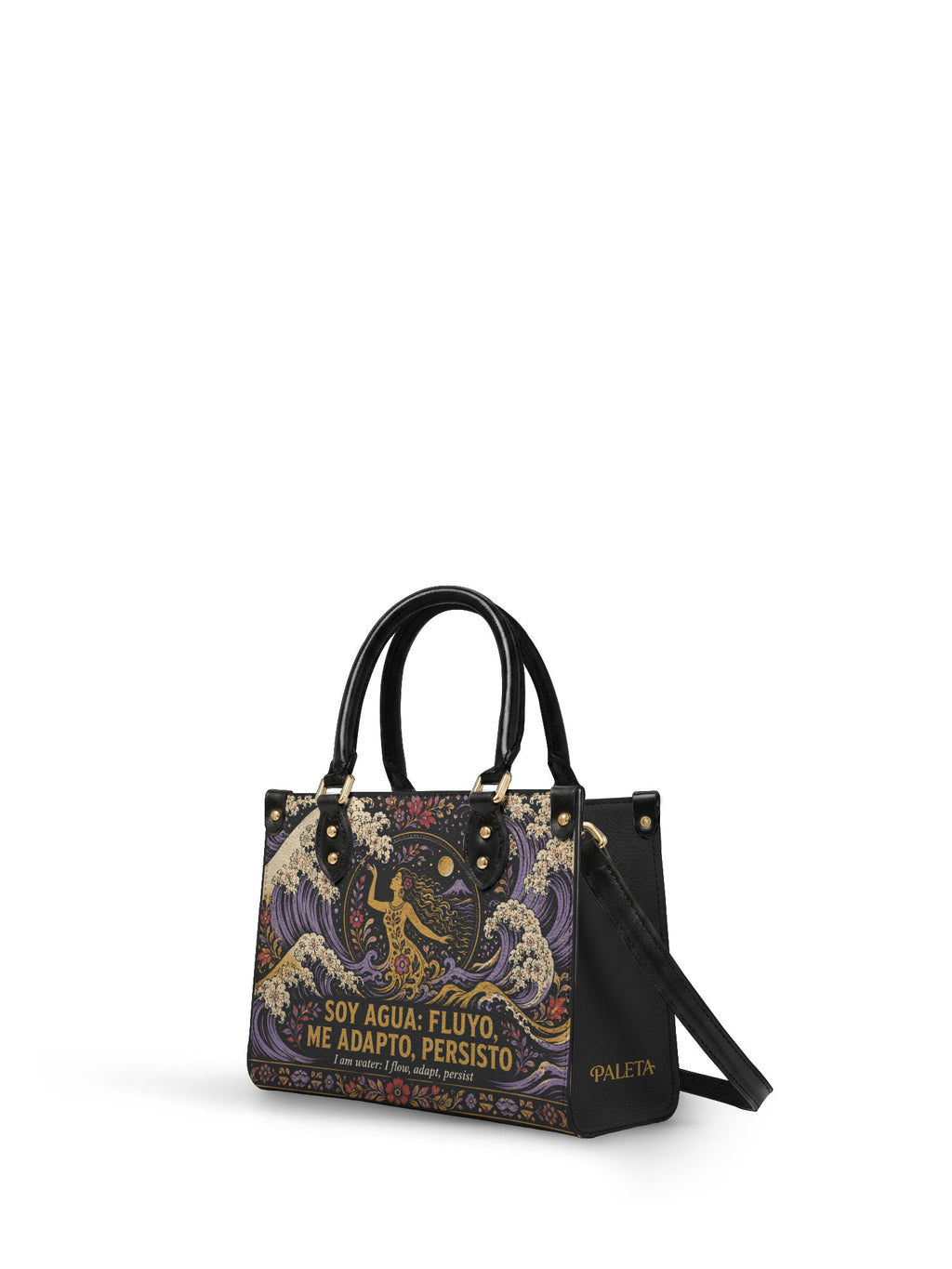 "Soy agua fluyo, me adapto, persisto" ver.2 Small Leather Handbag - side view | Paleta Bags
