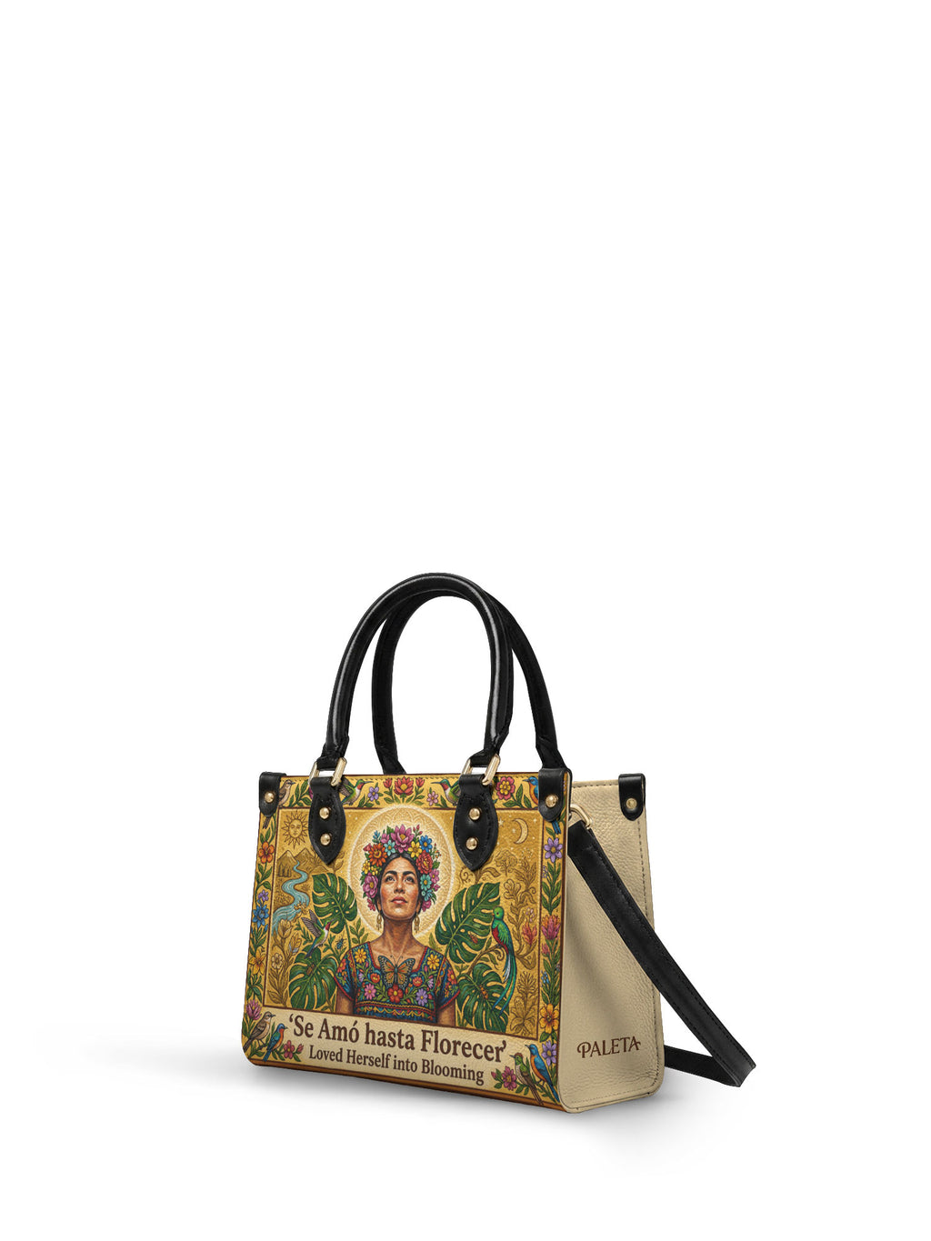 "Se amó hasta florecer" ver.7 Small Leather Handbag - side view | Paleta Bags