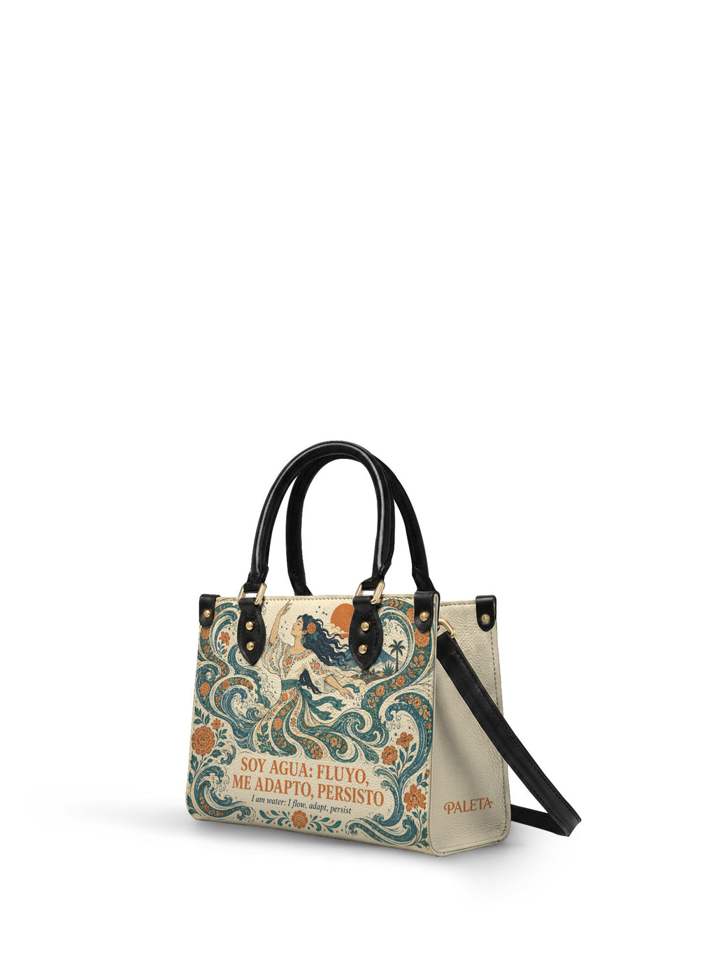 "Soy agua fluyo, me adapto, persisto" ver.4 Small Leather Handbag - side view | Paleta Bags