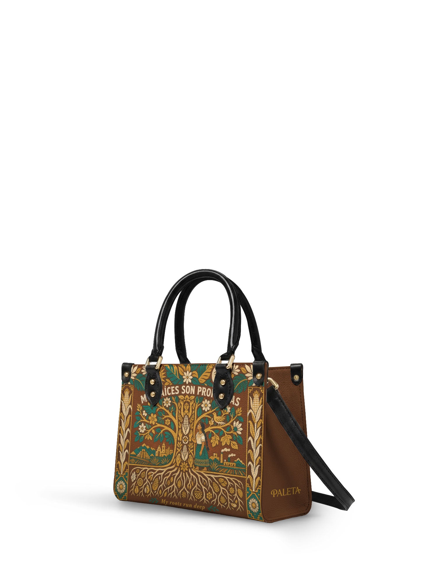 "Mis Raíces son Profundas" ver.3 Small Leather Handbag - side view | Paleta Bags